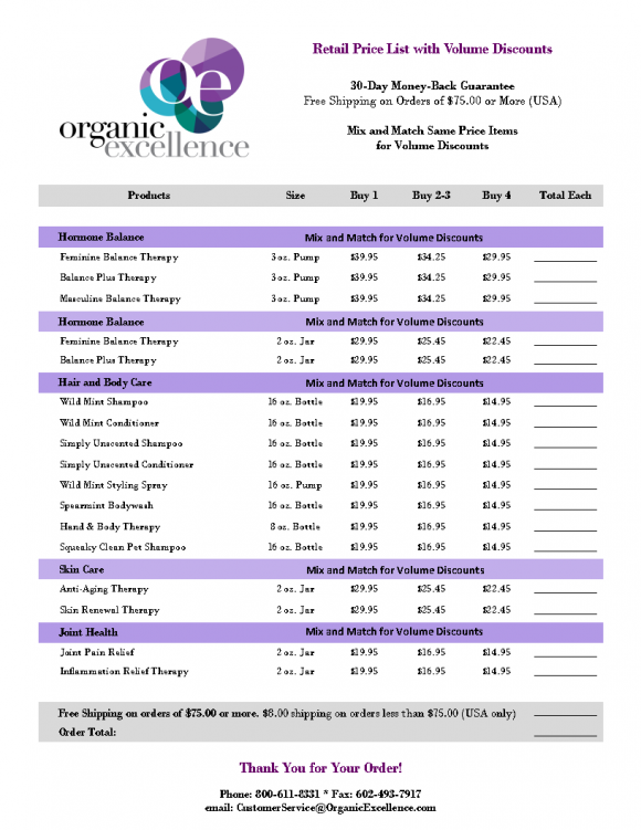 Organic Excellence Retail Order Form with Specials