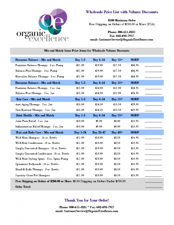 Organic Excellence Wholesale Order Form Organic Excellence